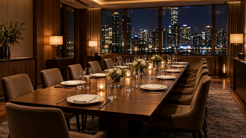 Synthetic editorial illustration. A private dining room at night. A long table is set with plain plates, glasses, folded napkins and small floral arrangements, with warm lamps and distant city lights beyond the windows.