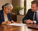 Synthetic editorial illustration. A woman signs a sheet of paper while a man seated beside her follows the document. A closed leather document folio rests on the wooden meeting table.