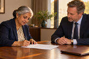Synthetic editorial illustration. A woman signs a sheet of paper while a man seated beside her follows the document. A closed leather document folio rests on the wooden meeting table.