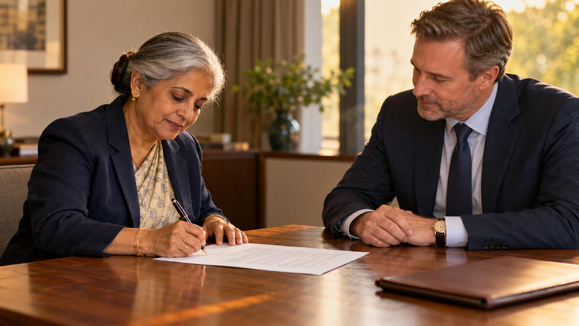 Synthetic editorial illustration. A woman signs a sheet of paper while a man seated beside her follows the document. A closed leather document folio rests on the wooden meeting table.