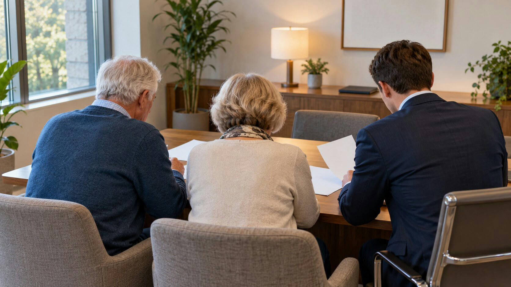 Synthetic editorial illustration. An advisory office. A rear-facing older couple and a suited adviser sit side by side at a wooden desk examining blank sheets, with plants, a lamp and a plain wall picture behind.