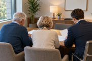 Synthetic editorial illustration. An advisory office. A rear-facing older couple and a suited adviser sit side by side at a wooden desk examining blank sheets, with plants, a lamp and a plain wall picture behind.