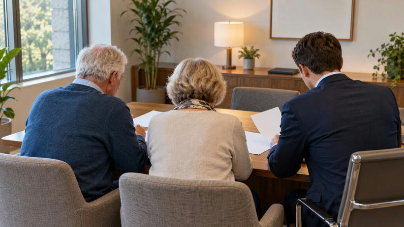 Synthetic editorial illustration. An advisory office. A rear-facing older couple and a suited adviser sit side by side at a wooden desk examining blank sheets, with plants, a lamp and a plain wall picture behind.