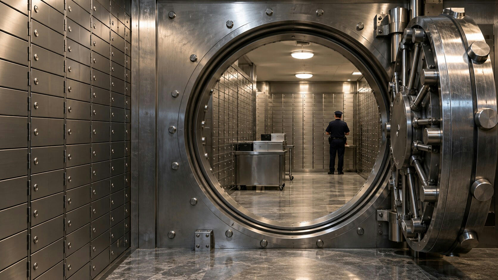 Synthetic editorial illustration. A secure vault room. A thick circular steel door opens onto rows of plain deposit boxes, with wheeled metal carts and a small rear-facing guard beneath warm ceiling lights.