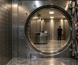 Synthetic editorial illustration. A secure vault room. A thick circular steel door opens onto rows of plain deposit boxes, with wheeled metal carts and a small rear-facing guard beneath warm ceiling lights.