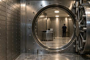 Synthetic editorial illustration. A secure vault room. A thick circular steel door opens onto rows of plain deposit boxes, with wheeled metal carts and a small rear-facing guard beneath warm ceiling lights.