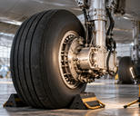 Synthetic editorial illustration. One chocked aircraft landing-gear wheel in a hangar service bay, with a near-side foreground inspection lamp positioned to light the visible hub directly.