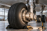 Synthetic editorial illustration. One chocked aircraft landing-gear wheel in a hangar service bay, with a near-side foreground inspection lamp positioned to light the visible hub directly.