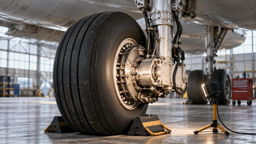 Synthetic editorial illustration. One chocked aircraft landing-gear wheel in a hangar service bay, with a near-side foreground inspection lamp positioned to light the visible hub directly.