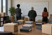 Synthetic editorial illustration. A legal preparation room. Three colleagues seen from behind face a whiteboard of empty rectangles, surrounded by plain storage boxes and closed binders on tables and shelves.