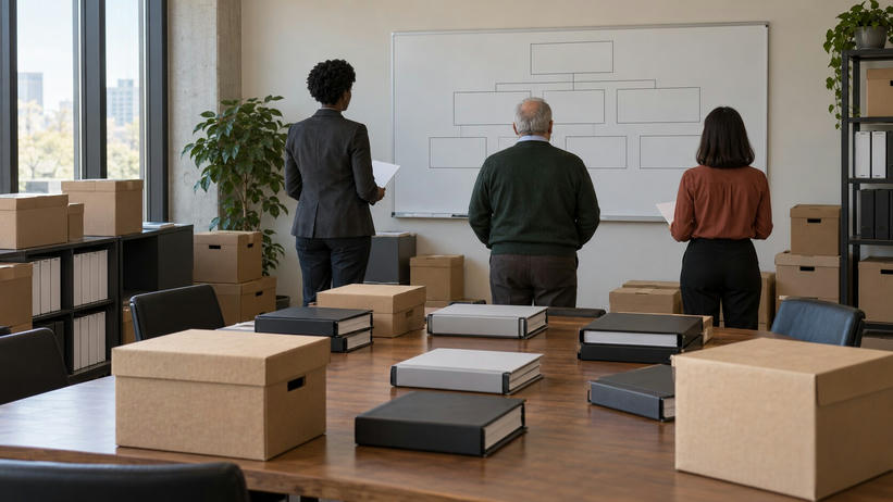 Synthetic editorial illustration. A legal preparation room. Three colleagues seen from behind face a whiteboard of empty rectangles, surrounded by plain storage boxes and closed binders on tables and shelves.