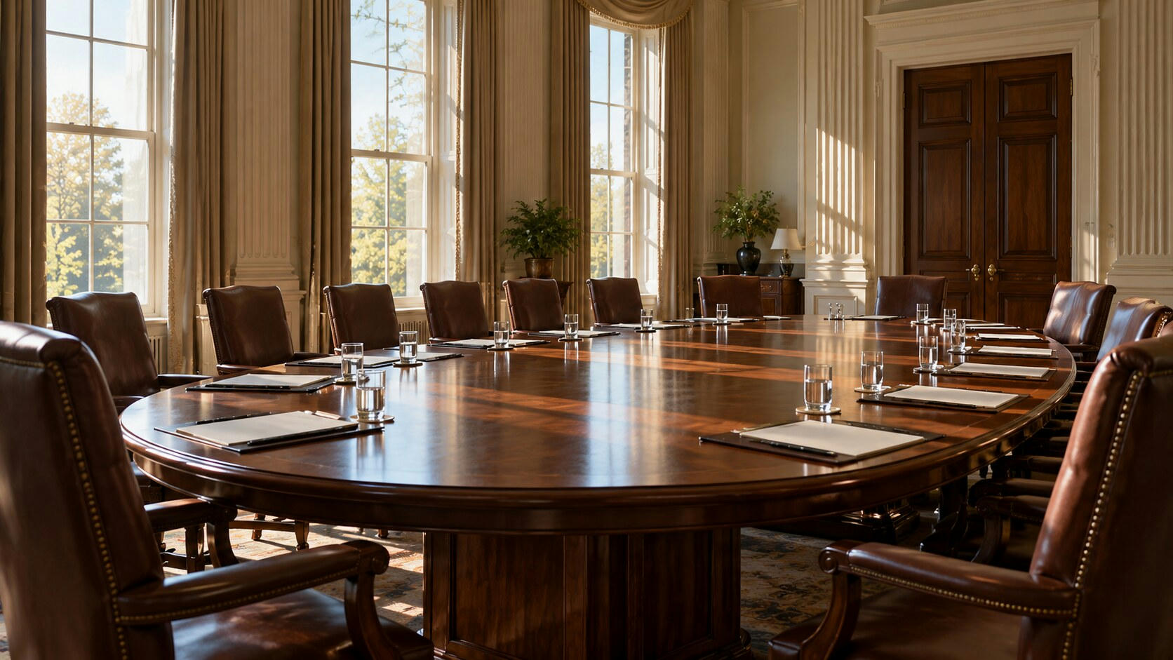 Synthetic editorial illustration. A formal cabinet room. An oval polished table is surrounded by empty brown leather chairs and set with plain folders and water glasses, while morning sunlight streams through tall curtained windows.
