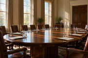 Synthetic editorial illustration. A formal cabinet room. An oval polished table is surrounded by empty brown leather chairs and set with plain folders and water glasses, while morning sunlight streams through tall curtained windows.