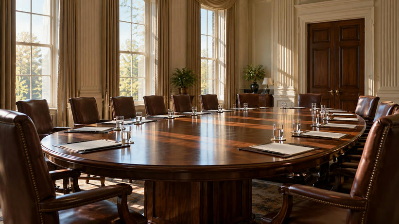 Synthetic editorial illustration. A formal cabinet room. An oval polished table is surrounded by empty brown leather chairs and set with plain folders and water glasses, while morning sunlight streams through tall curtained windows.