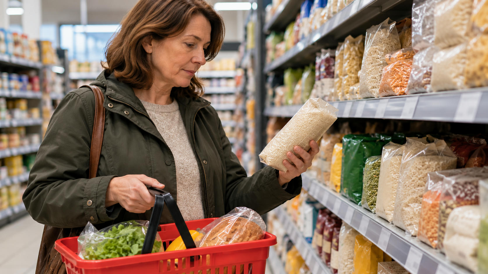 Synthetic editorial illustration. A woman considers a clear bag of rice while carrying a basket containing a few groceries. Packaged staples and softly out-of-focus shelf-edge labels surround her in a supermarket aisle.
