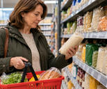 Synthetic editorial illustration. A woman considers a clear bag of rice while carrying a basket containing a few groceries. Packaged staples and softly out-of-focus shelf-edge labels surround her in a supermarket aisle.