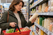 Synthetic editorial illustration. A woman considers a clear bag of rice while carrying a basket containing a few groceries. Packaged staples and softly out-of-focus shelf-edge labels surround her in a supermarket aisle.