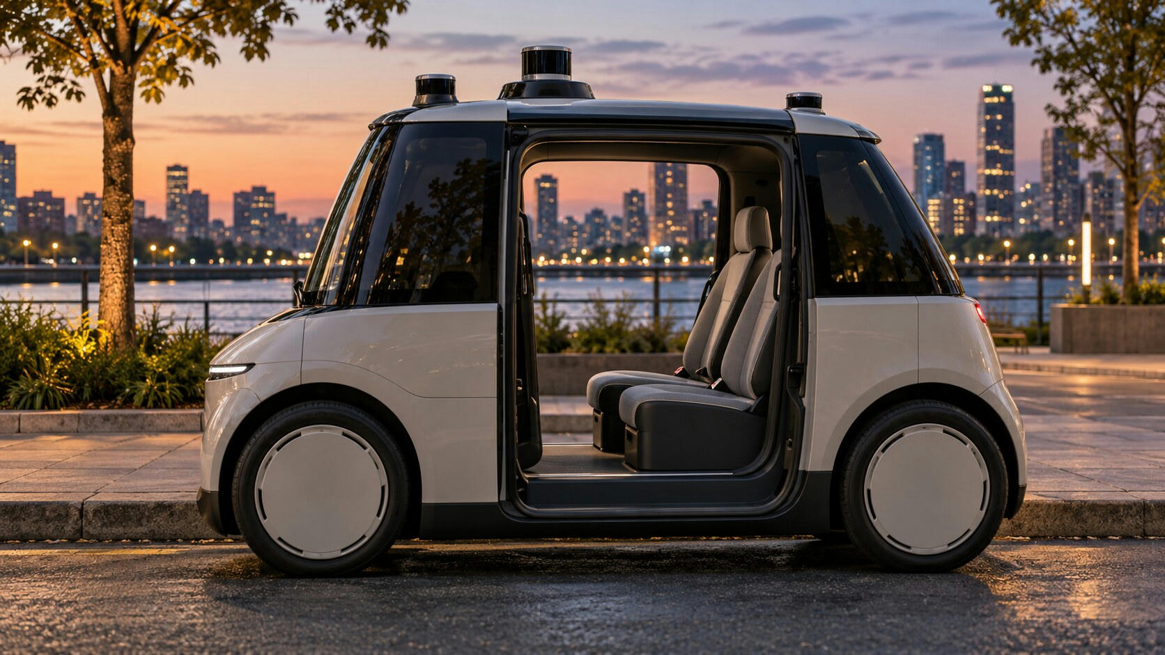 Synthetic editorial illustration. An urban curb. A compact silver cab stands with its side door open, revealing two seats and no visible steering wheel; roof sensors rise above the plain body against a softly lit dusk skyline.