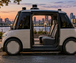 Synthetic editorial illustration. An urban curb. A compact silver cab stands with its side door open, revealing two seats and no visible steering wheel; roof sensors rise above the plain body against a softly lit dusk skyline.