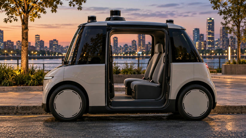 Synthetic editorial illustration. An urban curb. A compact silver cab stands with its side door open, revealing two seats and no visible steering wheel; roof sensors rise above the plain body against a softly lit dusk skyline.