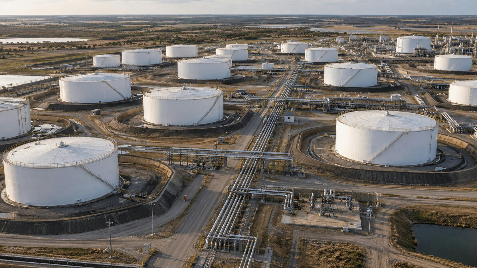 Synthetic editorial illustration. An oil storage facility viewed from above. White cylindrical tanks sit within containment berms beside a central corridor of pipelines and service roads, with flat countryside beyond.