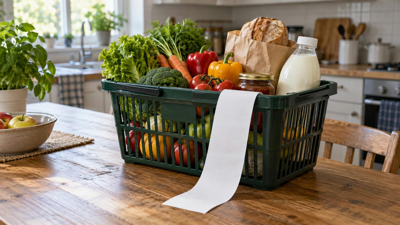 Synthetic editorial illustration. A green shopping basket filled with vegetables, bread, a plain jar and an unlabeled milk bottle sits on a wooden kitchen table. A long completely blank receipt hangs over the rim in window light.