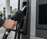 Synthetic editorial illustration. A hand grips a plain black fuel nozzle beside a grey pump. The large rectangular display is completely dark and blank, with the forecourt softly blurred beyond.