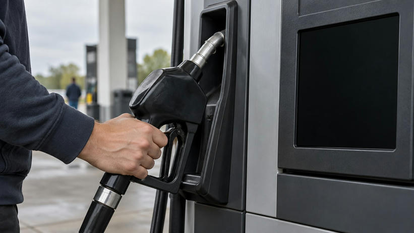 Synthetic editorial illustration. A hand grips a plain black fuel nozzle beside a grey pump. The large rectangular display is completely dark and blank, with the forecourt softly blurred beyond.