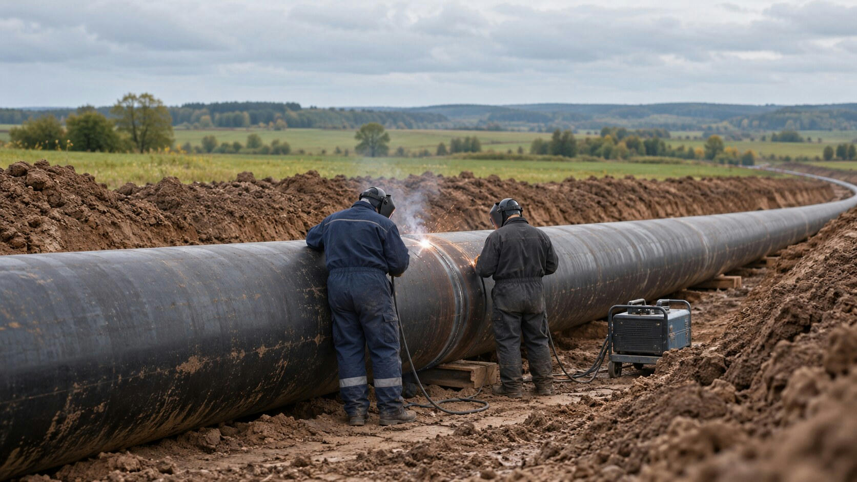 Synthetic editorial illustration. A countryside pipeline trench. Two workers in protective coveralls and welding helmets seen from behind weld a joint on a large steel pipe, with fields and a low treeline beyond.