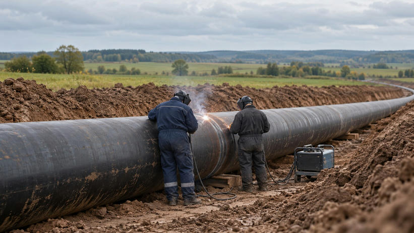 Synthetic editorial illustration. A countryside pipeline trench. Two workers in protective coveralls and welding helmets seen from behind weld a joint on a large steel pipe, with fields and a low treeline beyond.