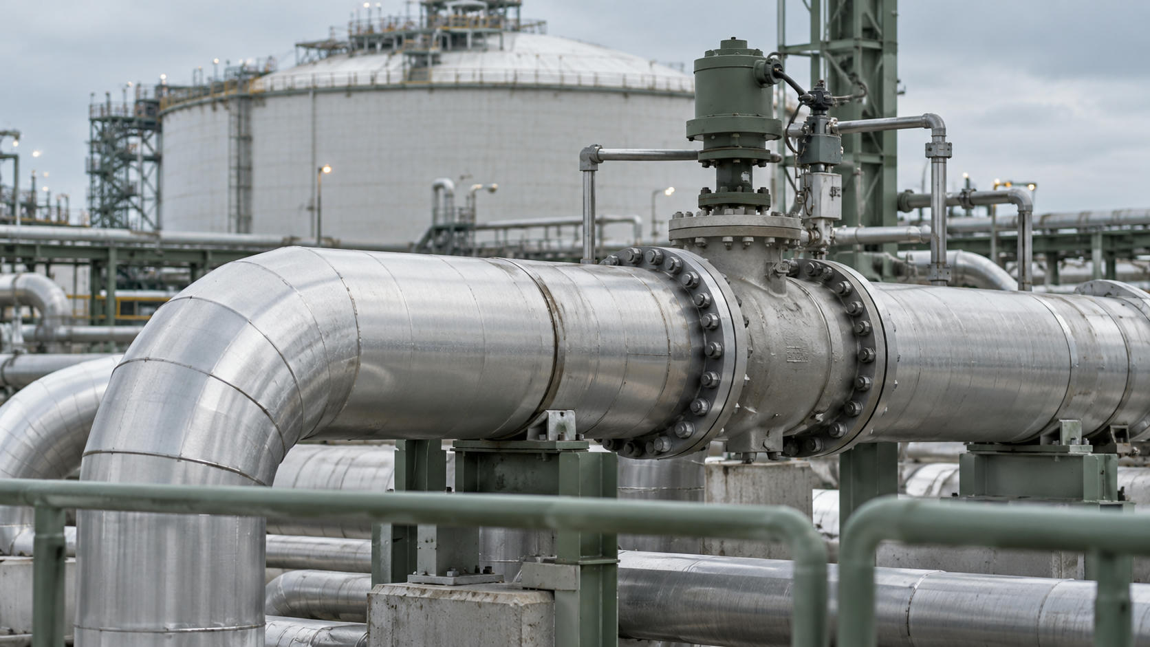 Synthetic editorial illustration. A large insulated metal pipe runs through a flanged control valve above fixed supports and a safety rail. A broad cylindrical storage tank and further process pipes stand behind it.