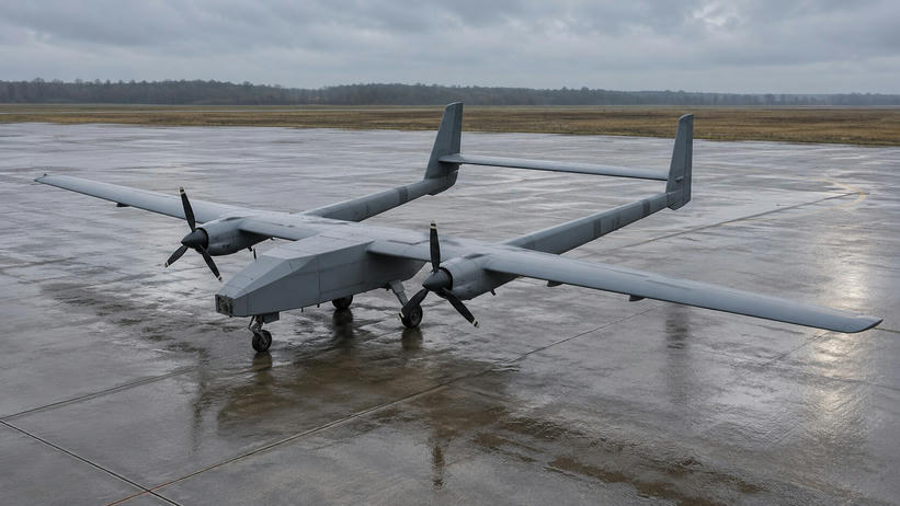 Synthetic editorial illustration. An airbase apron. An unmarked grey twin-propeller drone has a high straight wing, two separated tail booms and upright fins joined by a horizontal tailplane, parked on wet concrete beneath an overcast sky.