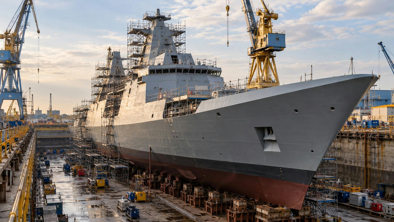 Synthetic editorial illustration. A shipyard dry dock. A large grey naval hull rests on supports surrounded by scaffolding, equipment and wet concrete, with tall cranes rising above its unfinished superstructure.
