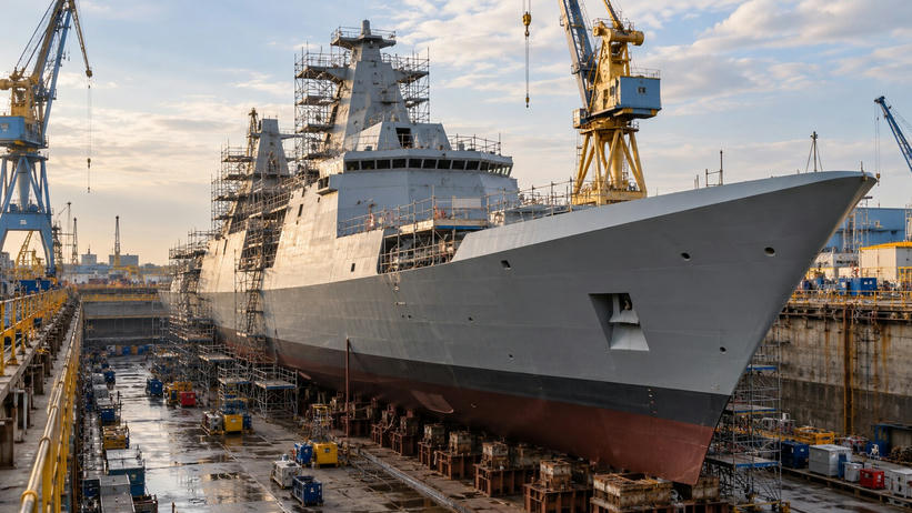 Synthetic editorial illustration. A shipyard dry dock. A large grey naval hull rests on supports surrounded by scaffolding, equipment and wet concrete, with tall cranes rising above its unfinished superstructure.