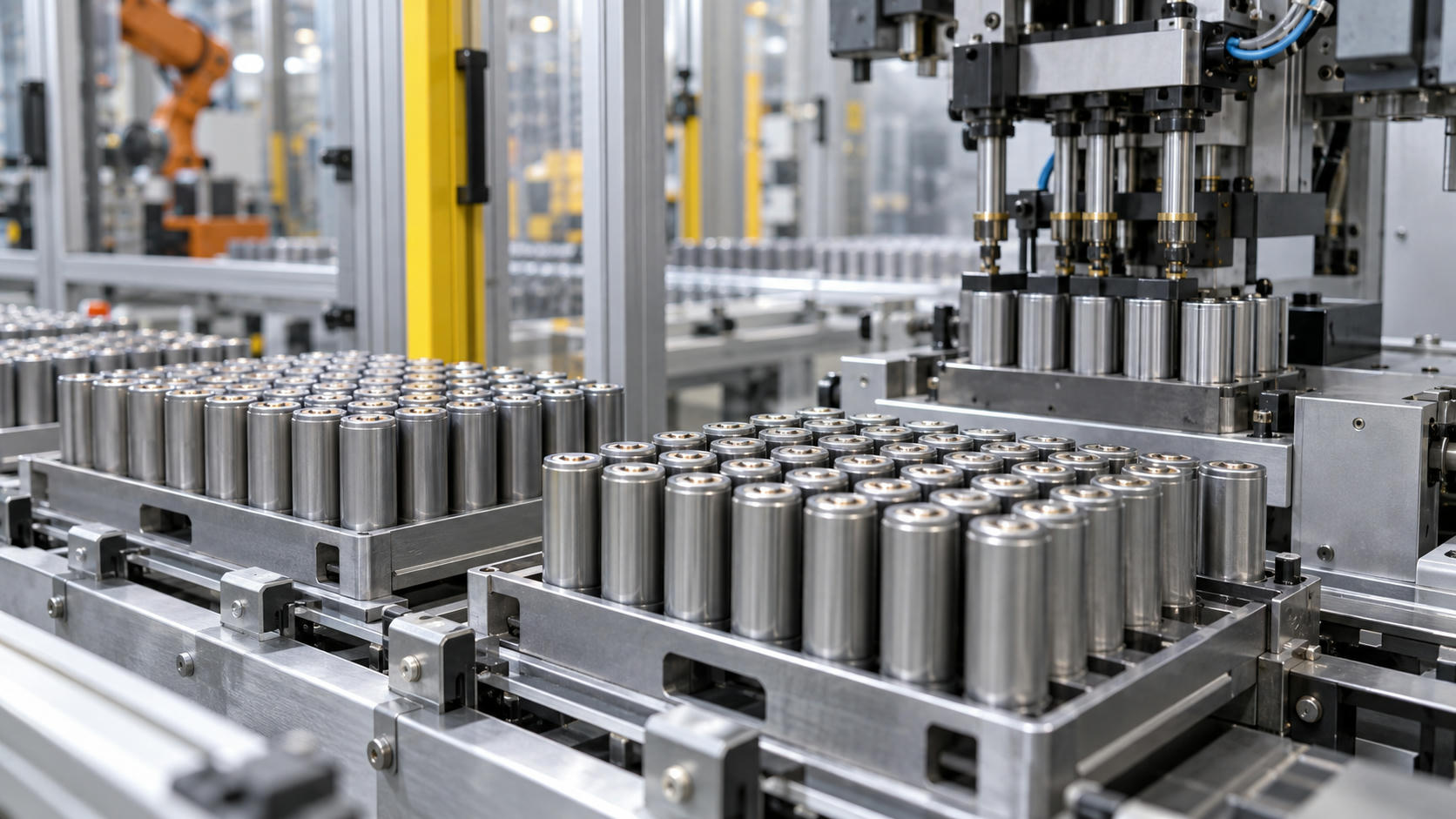 Synthetic editorial illustration. Plain cylindrical battery cells in metal carrier trays on a credible automated cell-production and testing line. Individual battery-cell manufacturing, not vehicle assembly or grid-storage containers. No actual named company, product, site, person or event is depicted.