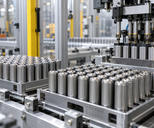 Synthetic editorial illustration. Plain cylindrical battery cells in metal carrier trays on a credible automated cell-production and testing line. Individual battery-cell manufacturing, not vehicle assembly or grid-storage containers. No actual named company, product, site, person or event is depicted.