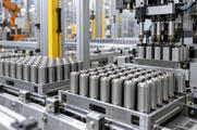 Synthetic editorial illustration. Plain cylindrical battery cells in metal carrier trays on a credible automated cell-production and testing line. Individual battery-cell manufacturing, not vehicle assembly or grid-storage containers. No actual named company, product, site, person or event is depicted.