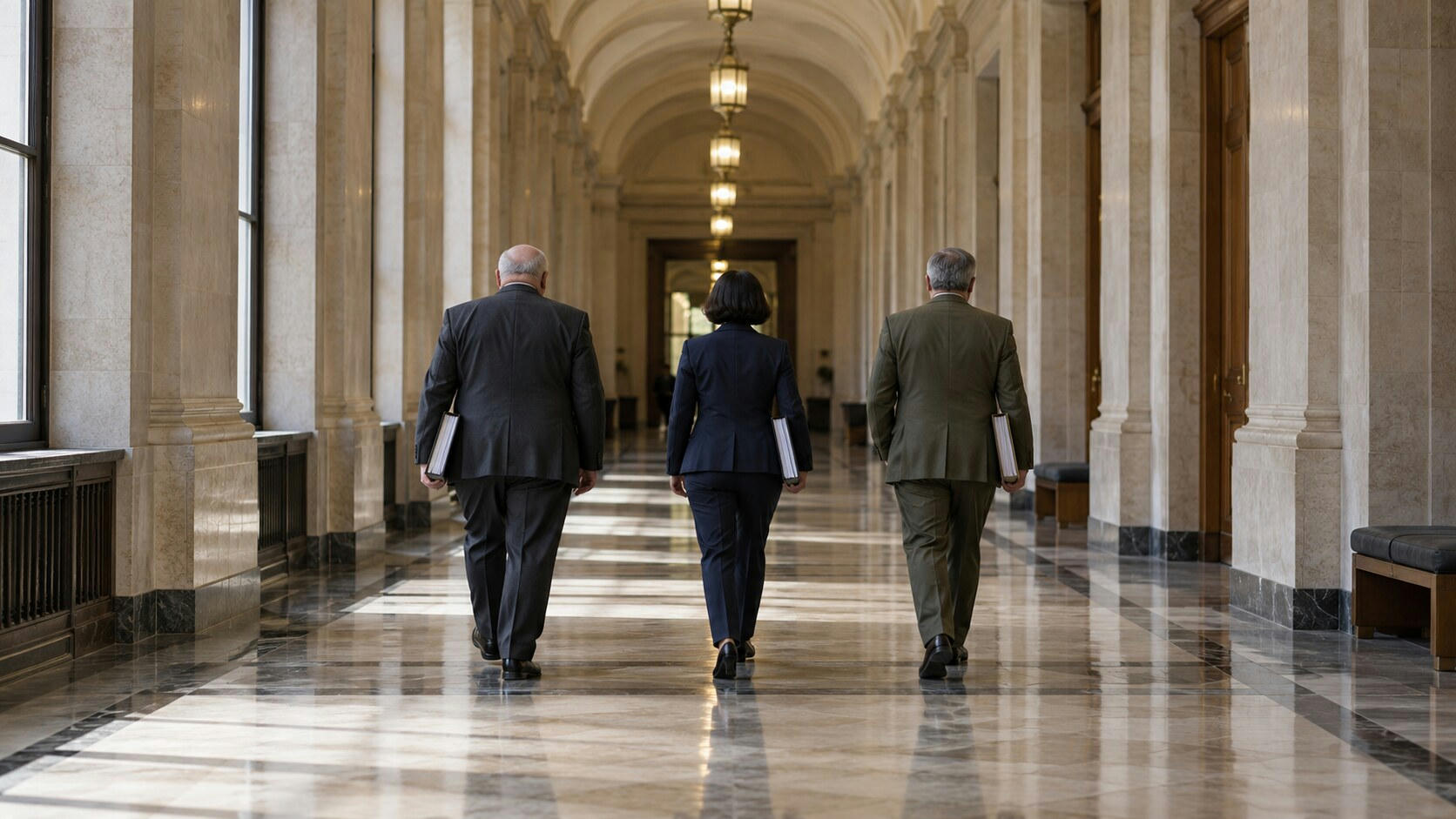 Synthetic editorial illustration. An institutional corridor. Three rear-facing officials carry thick closed folders beneath an arched ceiling, with tall windows, stone columns and pendant lamps reflected on the polished floor.