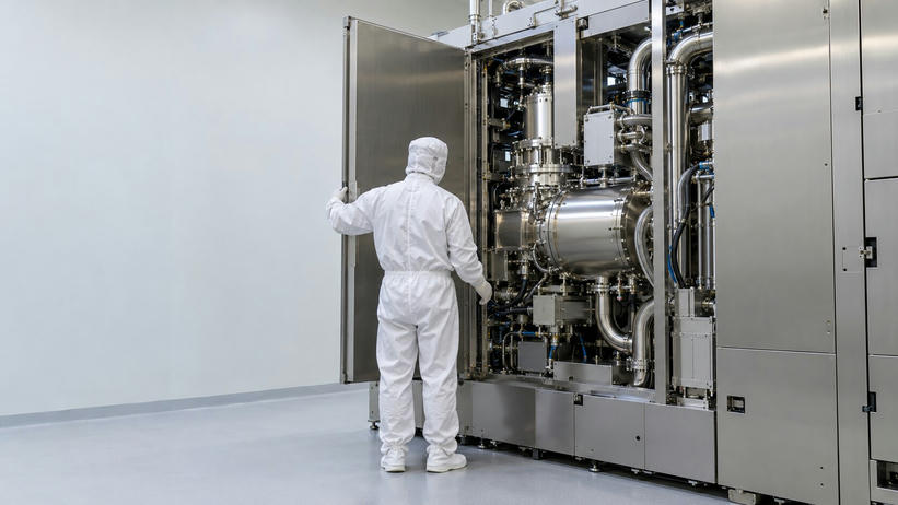 Synthetic editorial illustration. A semiconductor cleanroom. A worker in white protective coveralls faces an open metal service door. Polished cylindrical chambers, pipes and hoses fill the machine beside a plain pale wall.