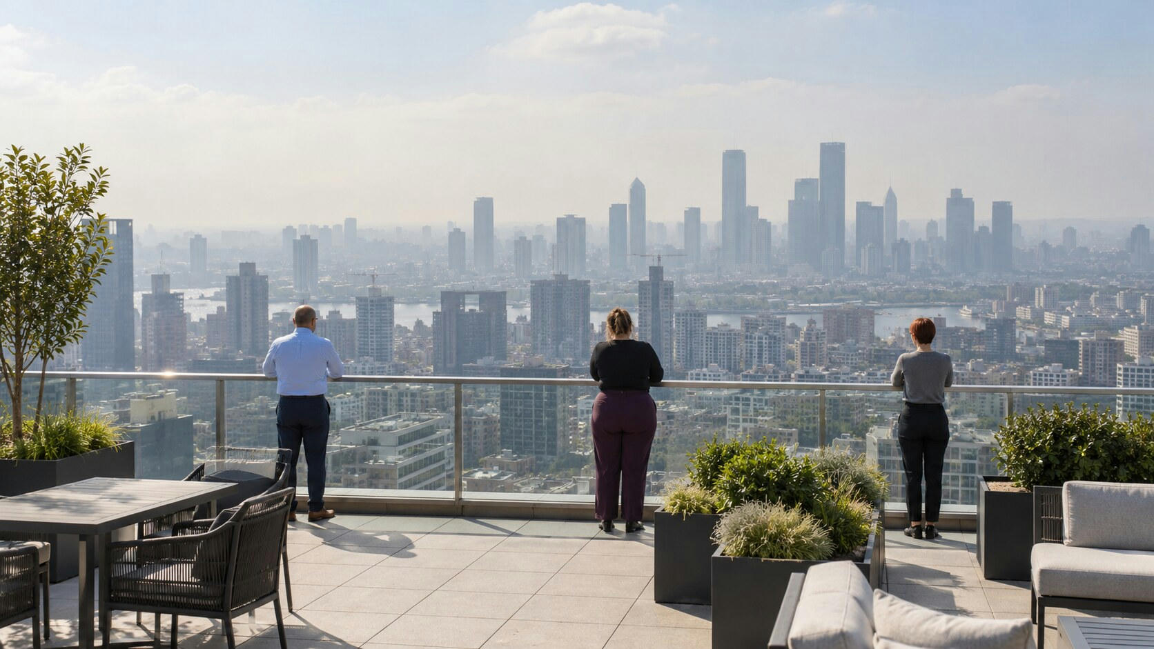 Synthetic editorial illustration. Three rear-facing workers stand at a rooftop glass railing above a hazy city skyline. Planters and outdoor seating occupy the sunlit terrace.