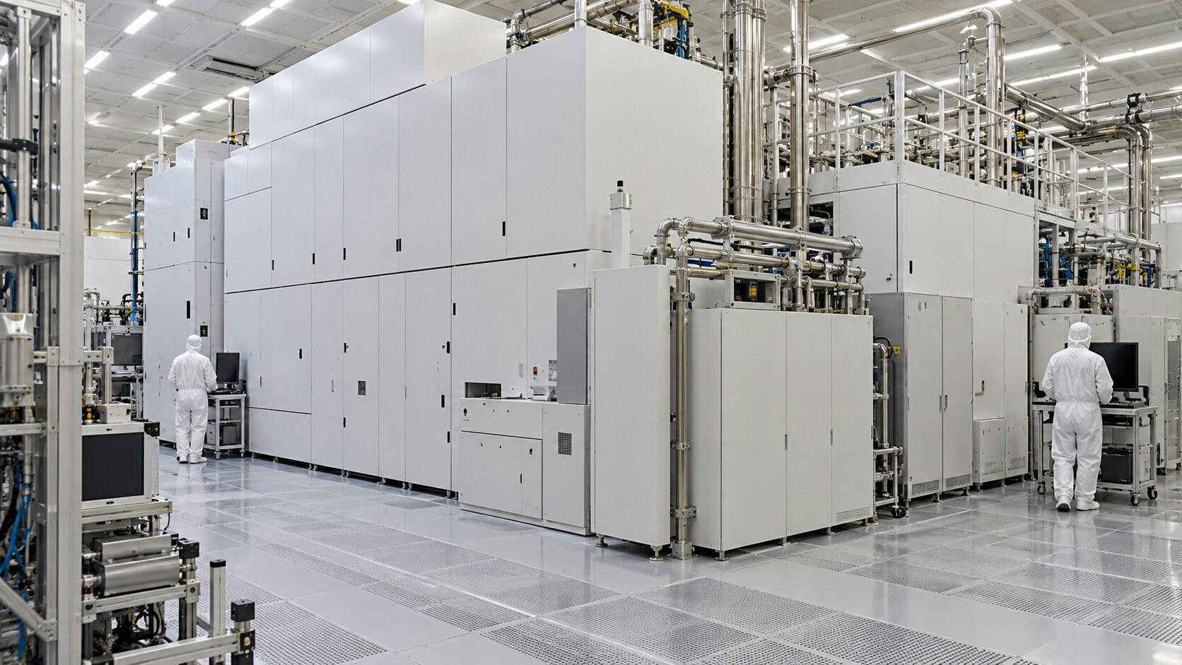 Synthetic editorial illustration. A semiconductor cleanroom. Huge white enclosed machines and polished pipework fill the hall, with two technicians in hooded white suits seen from behind beside dark monitors.