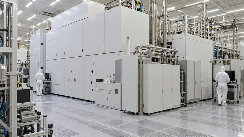 Synthetic editorial illustration. A semiconductor cleanroom. Huge white enclosed machines and polished pipework fill the hall, with two technicians in hooded white suits seen from behind beside dark monitors.