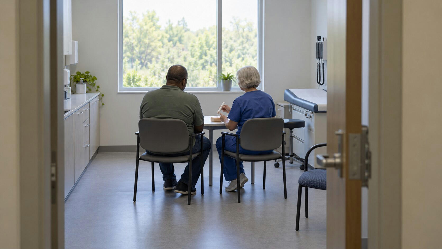Synthetic editorial illustration. A clinic consultation room. A patient and nurse seen from behind sit side by side as the nurse demonstrates a plain injection pen over a training pad on a small table.
