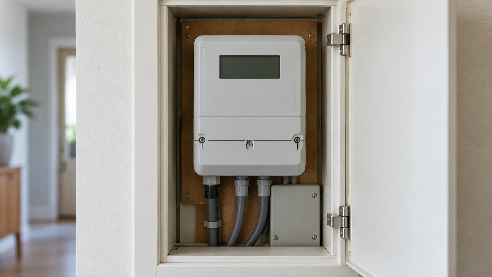 Synthetic editorial illustration. One plain household electrical meter with an off blank display and enclosed service connections, in an open domestic utility cabinet.