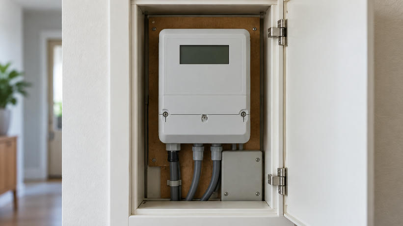Synthetic editorial illustration. One plain household electrical meter with an off blank display and enclosed service connections, in an open domestic utility cabinet.