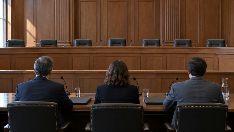 Synthetic editorial illustration. Three seated people viewed from behind face an empty raised bench in a wood-panelled hearing room. Microphones, closed folders and water glasses sit on the polished table in daylight.