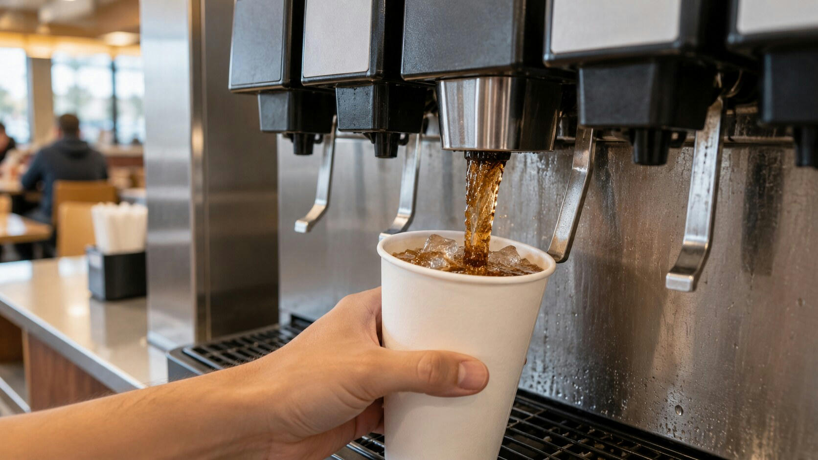 Synthetic editorial illustration. A restaurant drink station. A cropped hand holds a blank white paper cup under a stainless-steel fountain nozzle as a brown fizzy drink pours over ice; plain dispenser panels and a drip tray fill the close view.