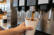 Synthetic editorial illustration. A restaurant drink station. A cropped hand holds a blank white paper cup under a stainless-steel fountain nozzle as a brown fizzy drink pours over ice; plain dispenser panels and a drip tray fill the close view.