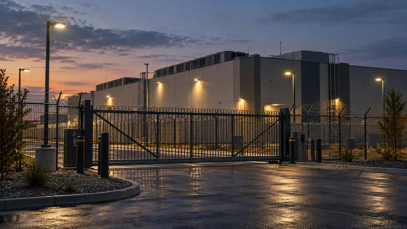 Synthetic editorial illustration. A secured data-centre facility stands behind a tall metal fence and closed sliding gate. Rooftop cooling equipment and warm exterior lamps are visible under an evening sky.