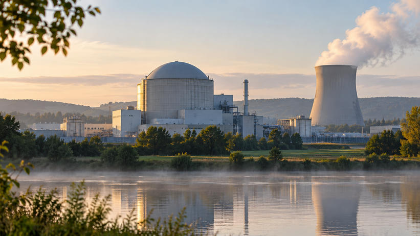 Synthetic editorial illustration. A generic domed power-station building and cooling tower are framed across a river at dawn.